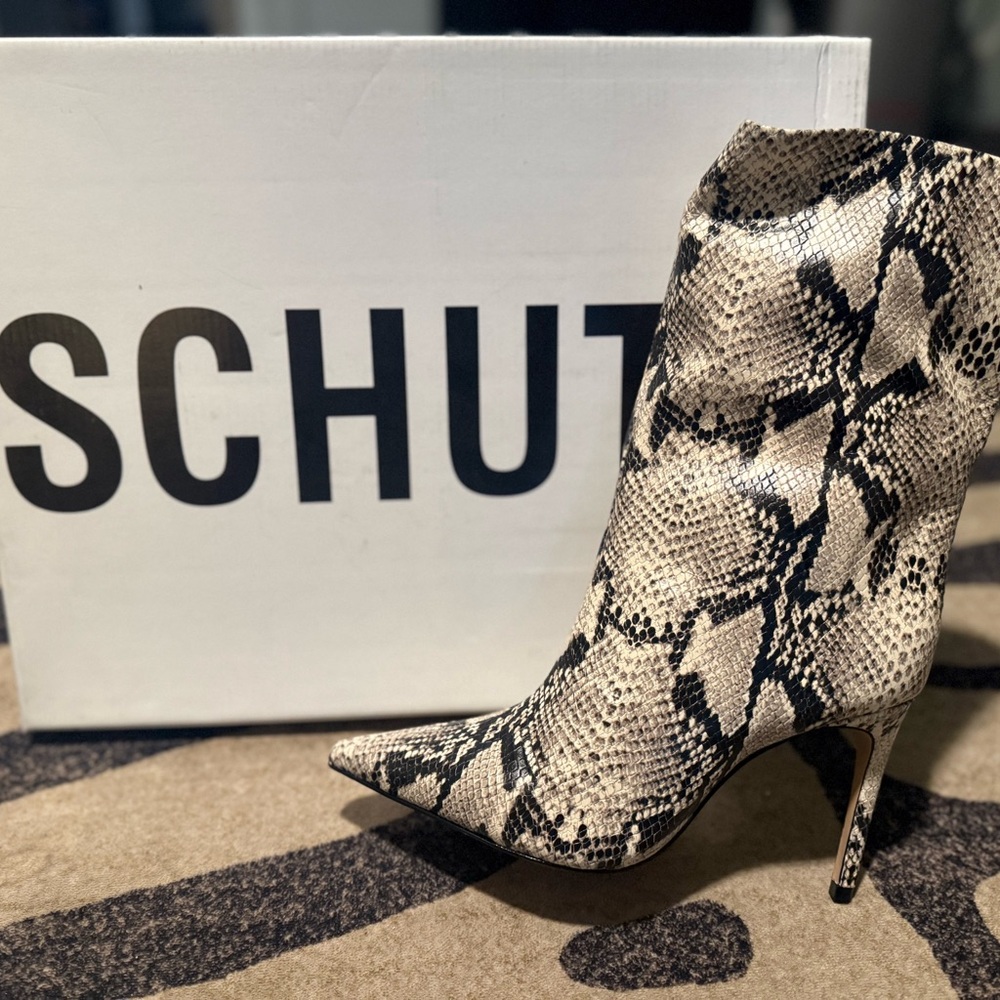 SCHUTZ Black and Cream Heeled Boots Snakeskin Stiletto